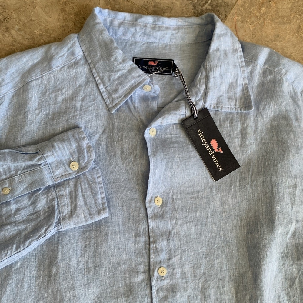 NWT Vineyard Vines Stripe Linen Bandback Button Up Shirt Blue Mens XXL 100% Line